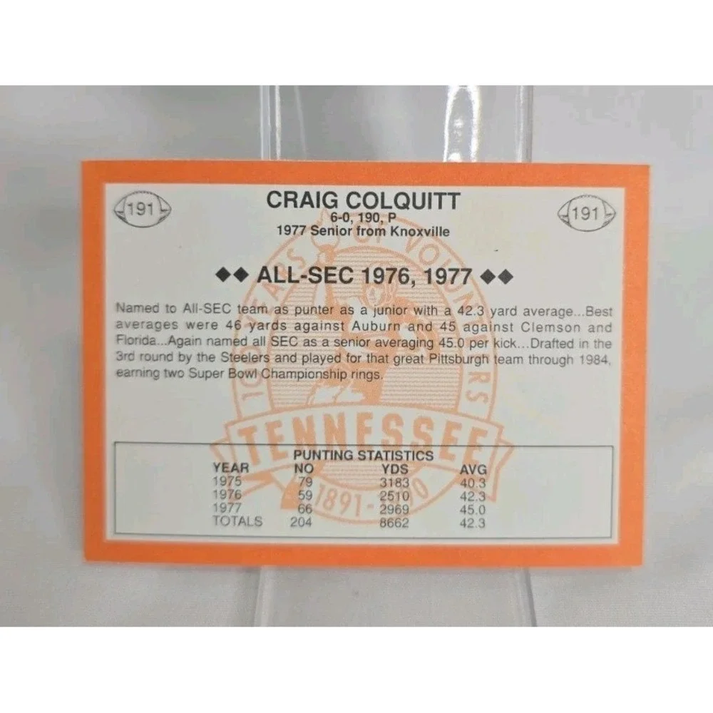1990 100 Years of Tennessee Volunteers #191 Craig Colquitt football trading card